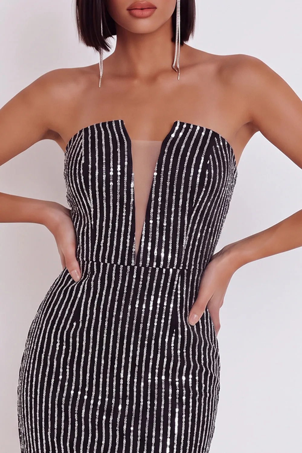 Black Bodycon Strapless Sequins Tulle Mini Dress sold by Zapaka product image thumbnail 3