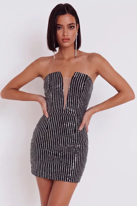 Black Bodycon Strapless Sequins Tulle Mini Dress made by Zapaka
