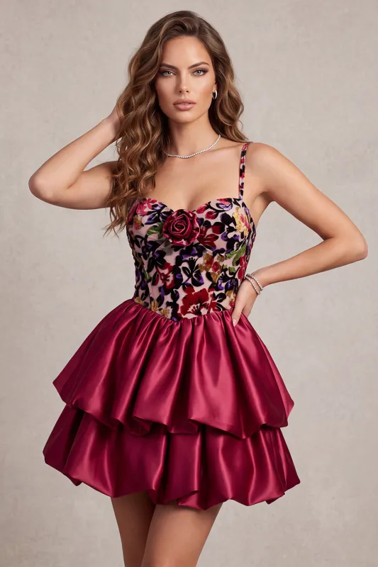 Red Corset Velvet Bubble Hem Tiered Ruffle A-Line Mini Dress with 3D Flower made by Zapaka