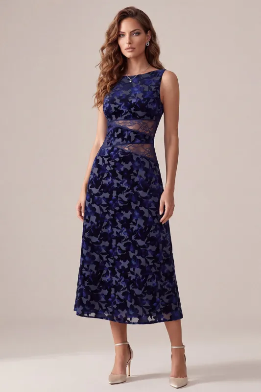 Navy A-Line Bateau Neck Printed Midi Velvet Dress with Cut Out made by Zapaka