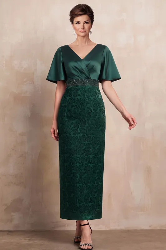 Dark Green Sheath V-Neck Printed Flare Sleeves Midi Mother of the Bride Dress with Beading made by Zapaka