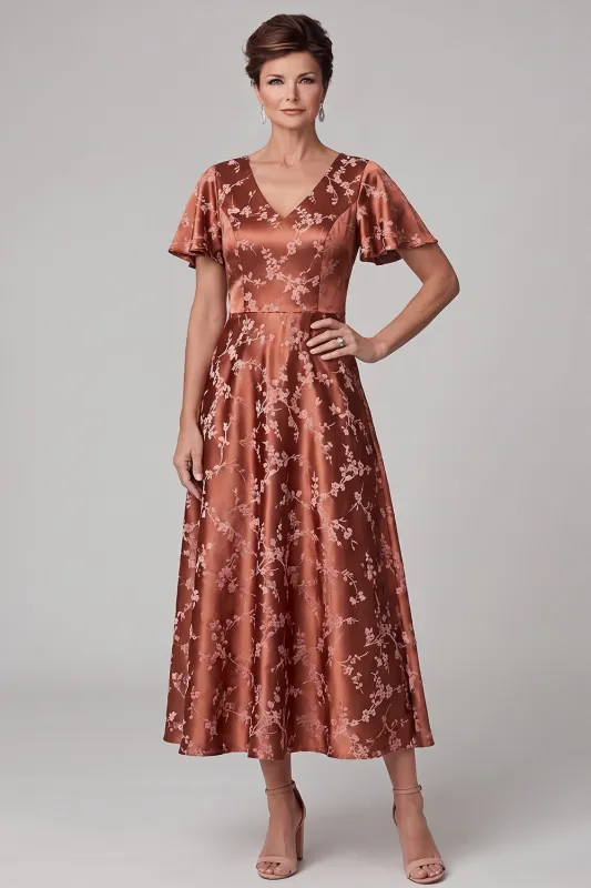 Reddish-Brown A-Line V-Neck Printed Satin Midi Mother of the Bride Dress with Flutter Sleeves made by Zapaka