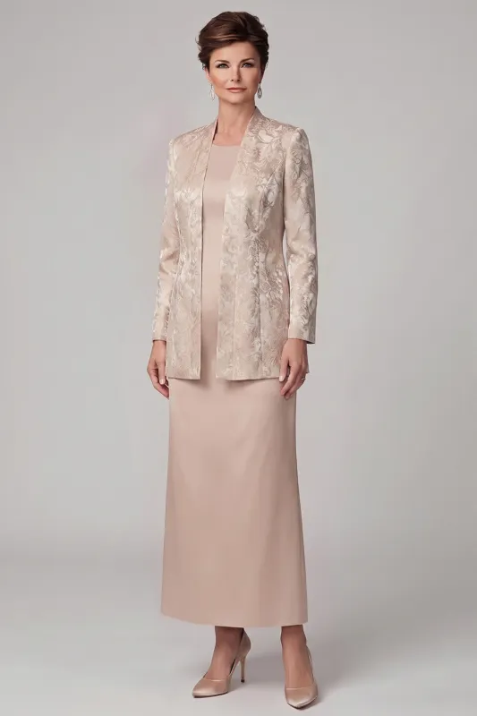 Champagne 2-Piece Sheath Round Neck Jacquard Long Mother of the Bride Dress with Jacket made by Zapaka