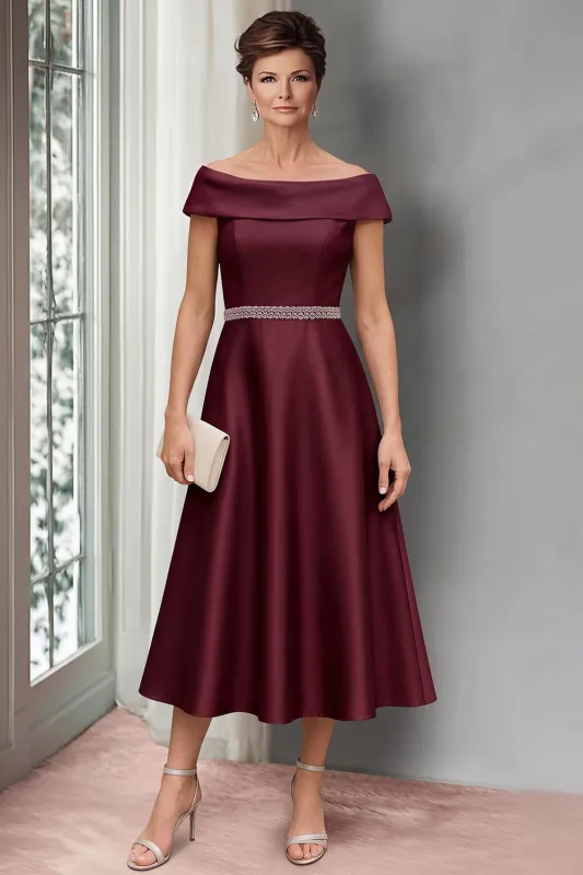 Burgundy A-Line Satin Off the Shoulder Midi Mother of the Bride Dress with Belt made by Zapaka