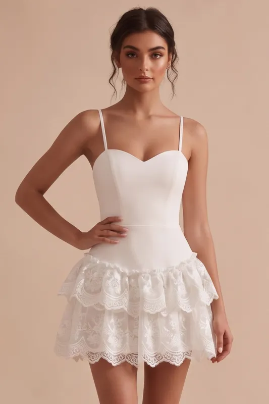 White Fitted Sweetheart Spaghetti Straps Tiered Short Little White Dress with Lace made by Zapaka