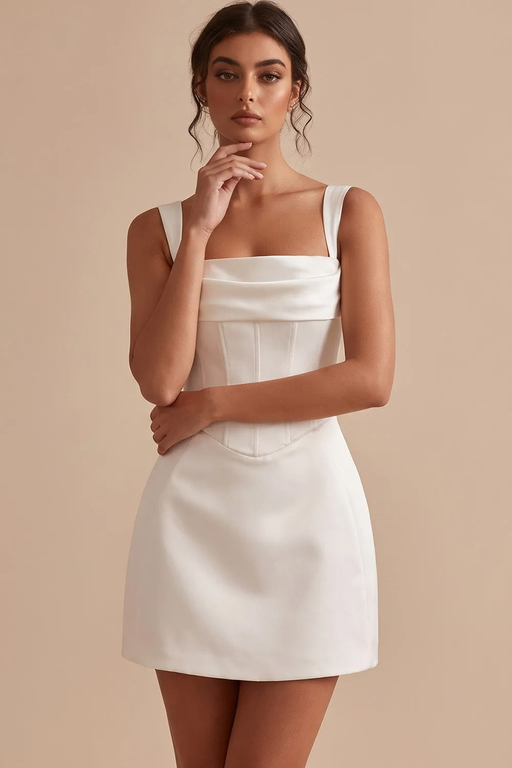 White Corset Sheath Square Neck Short Little White Dress sold by Zapaka product image thumbnail 2
