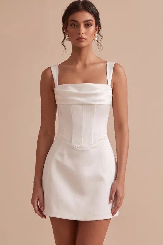 White Corset Sheath Square Neck Short Little White Dress made by Zapaka