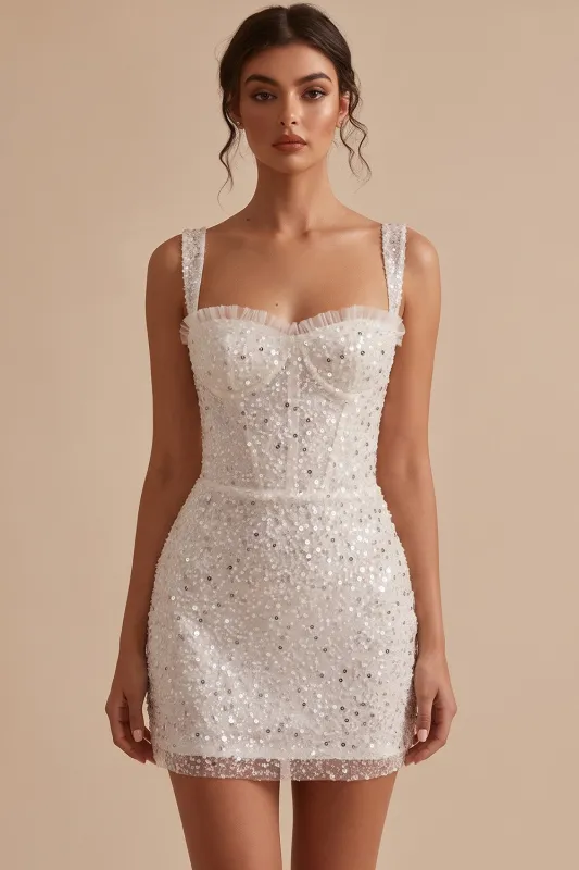 White Corset Bodycon Square Neck Short Little White Dress with Sequins made by Zapaka