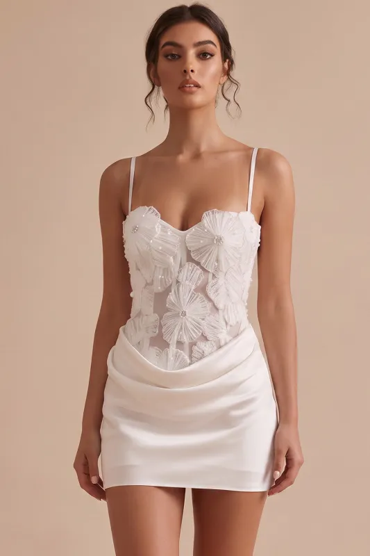 White Corset Bodycon Satin Spaghetti Straps Short Little White Dress with 3D Flower made by Zapaka