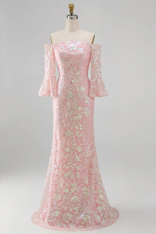 Sparkly Blush Off the Shoulder Sequins Embroidery Mermaid Formal Dress with 3/4 Sleeves made by Zapaka