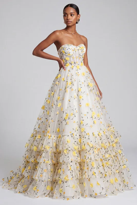 Light Yellow Corset Strapless Tiered Ruffled Long Prom Dress with Floral Appliques made by Zapaka