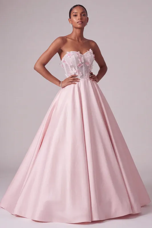 Blush Ball Gown Strapless Corset Satin Sheer Long Prom Dress with 3D Butterfly Appliques made by Zapaka