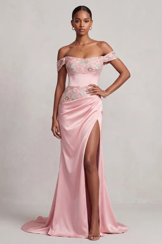 Pink Mermaid Off the Shoulder Ruched Satin Floral Embroidery Long Prom Dress with Slit made by Zapaka