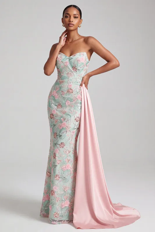 Light Green Mermaid Strapless Sequins Embroidered Long Prom Dress with Draping made by Zapaka