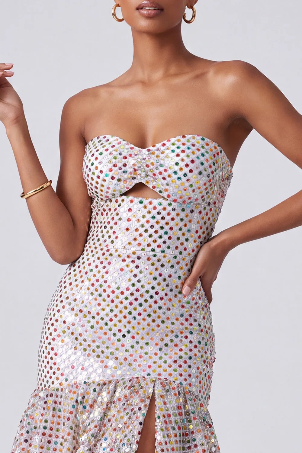 Blush Sequins Strapless Tiered Ruffled Keyhole Long Prom Dress with Side Slit sold by Zapaka product image thumbnail 4