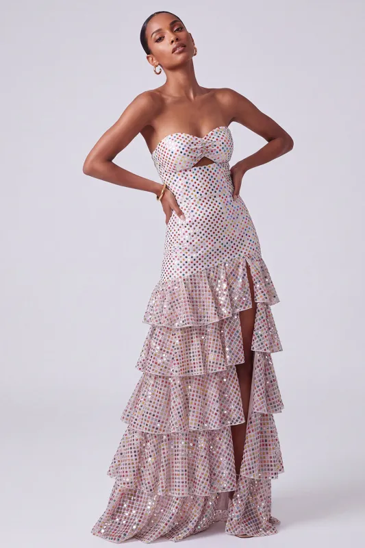 Blush Sequins Strapless Tiered Ruffled Keyhole Long Prom Dress with Side Slit made by Zapaka