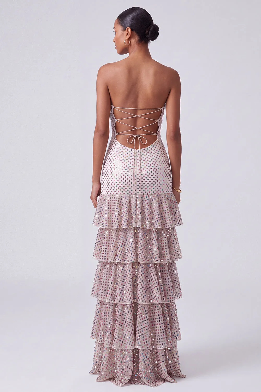 Blush Sequins Strapless Tiered Ruffled Keyhole Long Prom Dress with Side Slit sold by Zapaka product image thumbnail 2