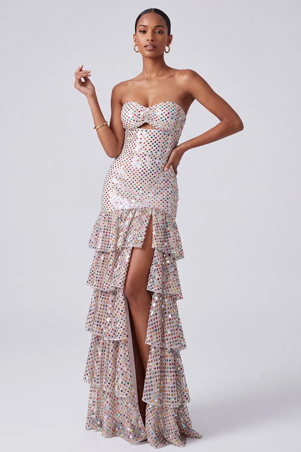 Blush Sequins Strapless Tiered Ruffled Keyhole Long Prom Dress with Side Slit sold by Zapaka product image thumbnail 3