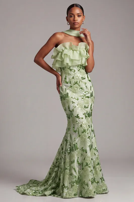 Green Mermaid Strapless Ruffled Long Prom Dress with Sequins made by Zapaka