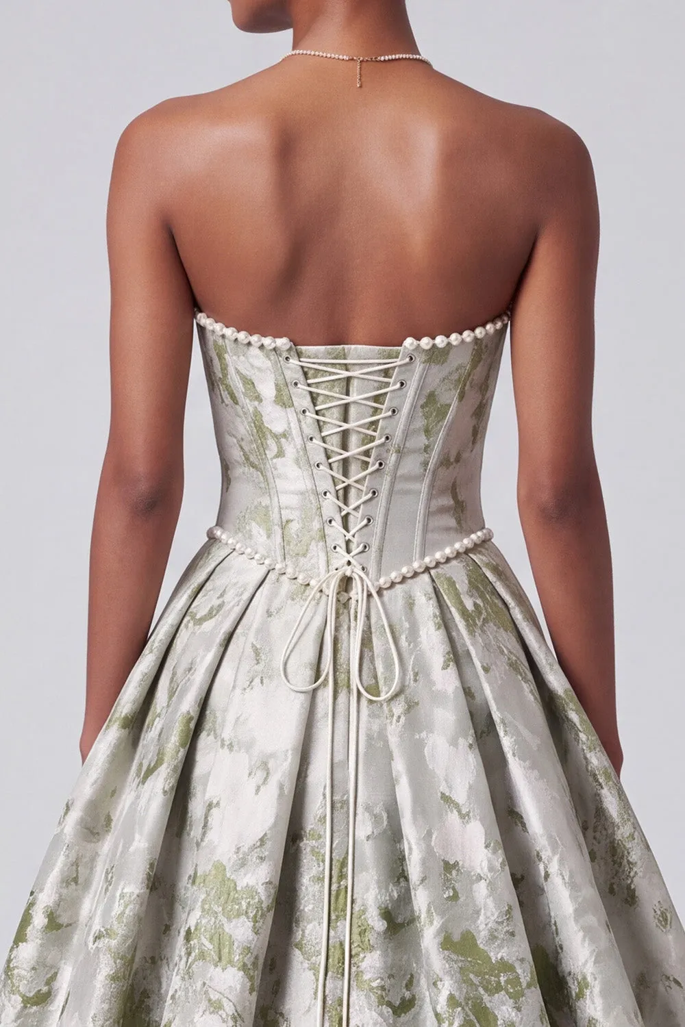 Sage Green Corset Ball Gown Strapless Jacquard Long Prom Dress with Pearls sold by Zapaka product image thumbnail 4