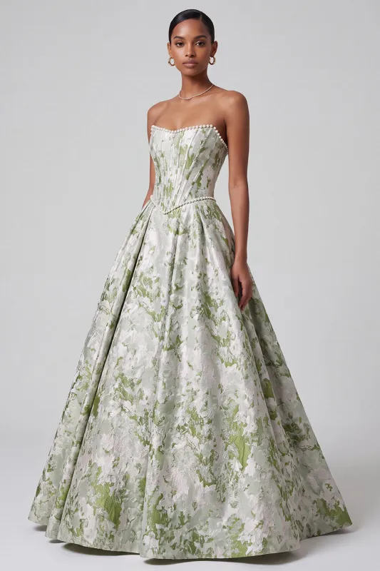 Sage Green Corset Ball Gown Strapless Jacquard Long Prom Dress with Pearls made by Zapaka