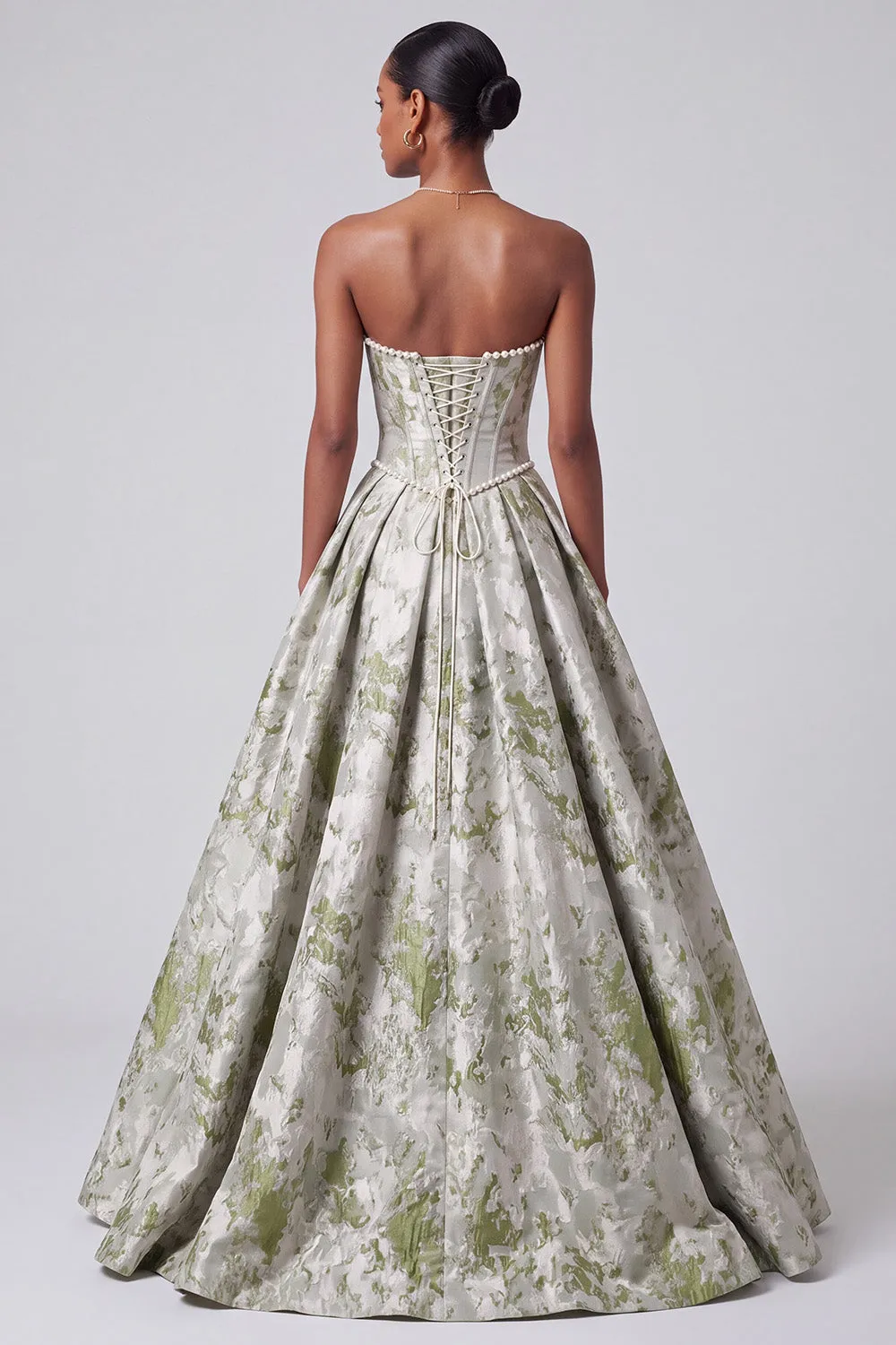 Sage Green Corset Ball Gown Strapless Jacquard Long Prom Dress with Pearls sold by Zapaka product image thumbnail 2