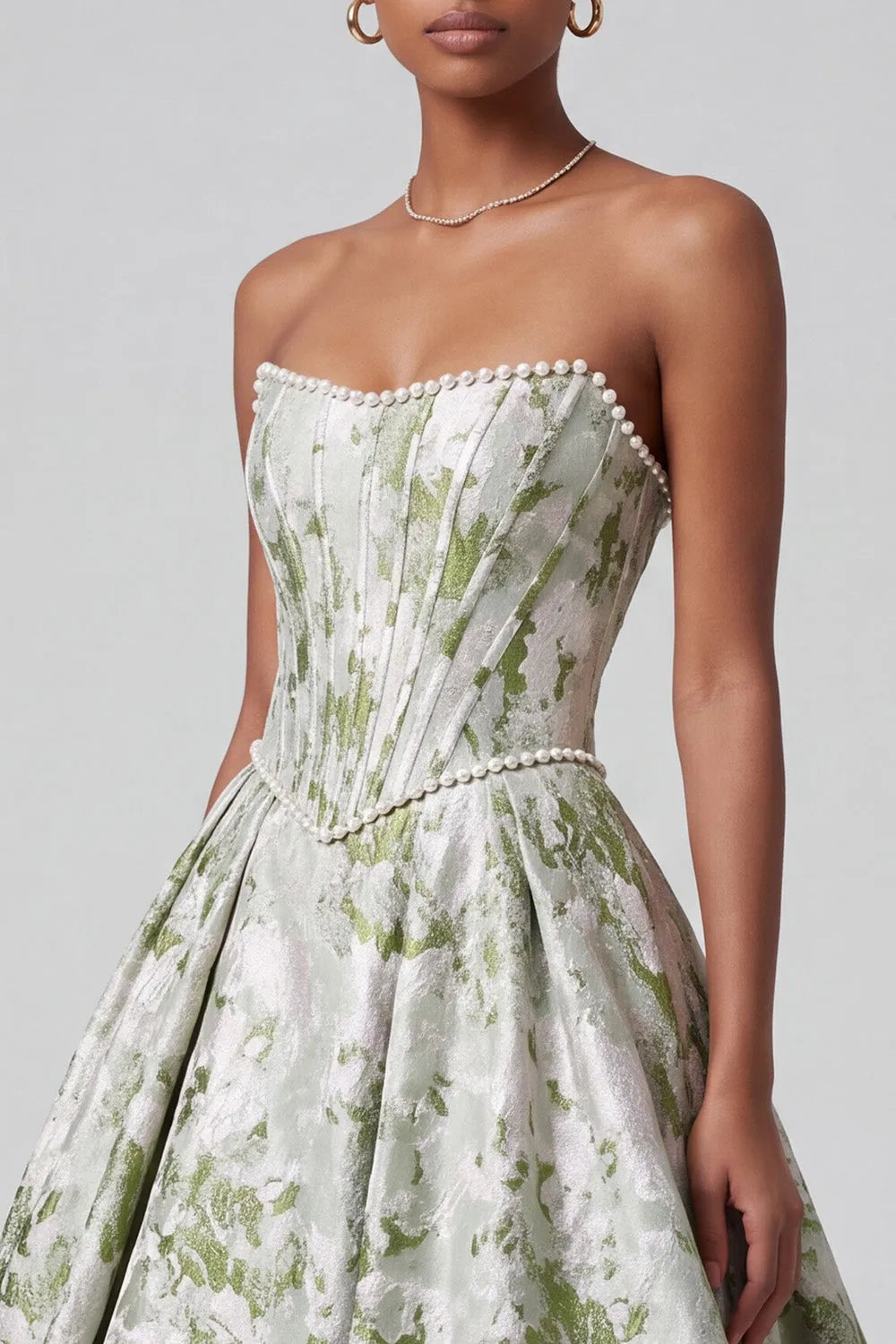 Sage Green Corset Ball Gown Strapless Jacquard Long Prom Dress with Pearls sold by Zapaka product image thumbnail 3