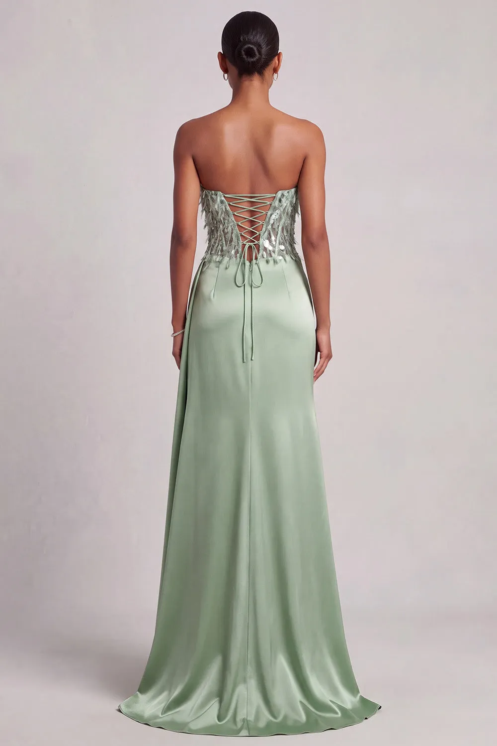 Green Corset Strapless Satin Feather Sequins Mermaid Long Prom Dress with Side Slit sold by Zapaka product image thumbnail 2