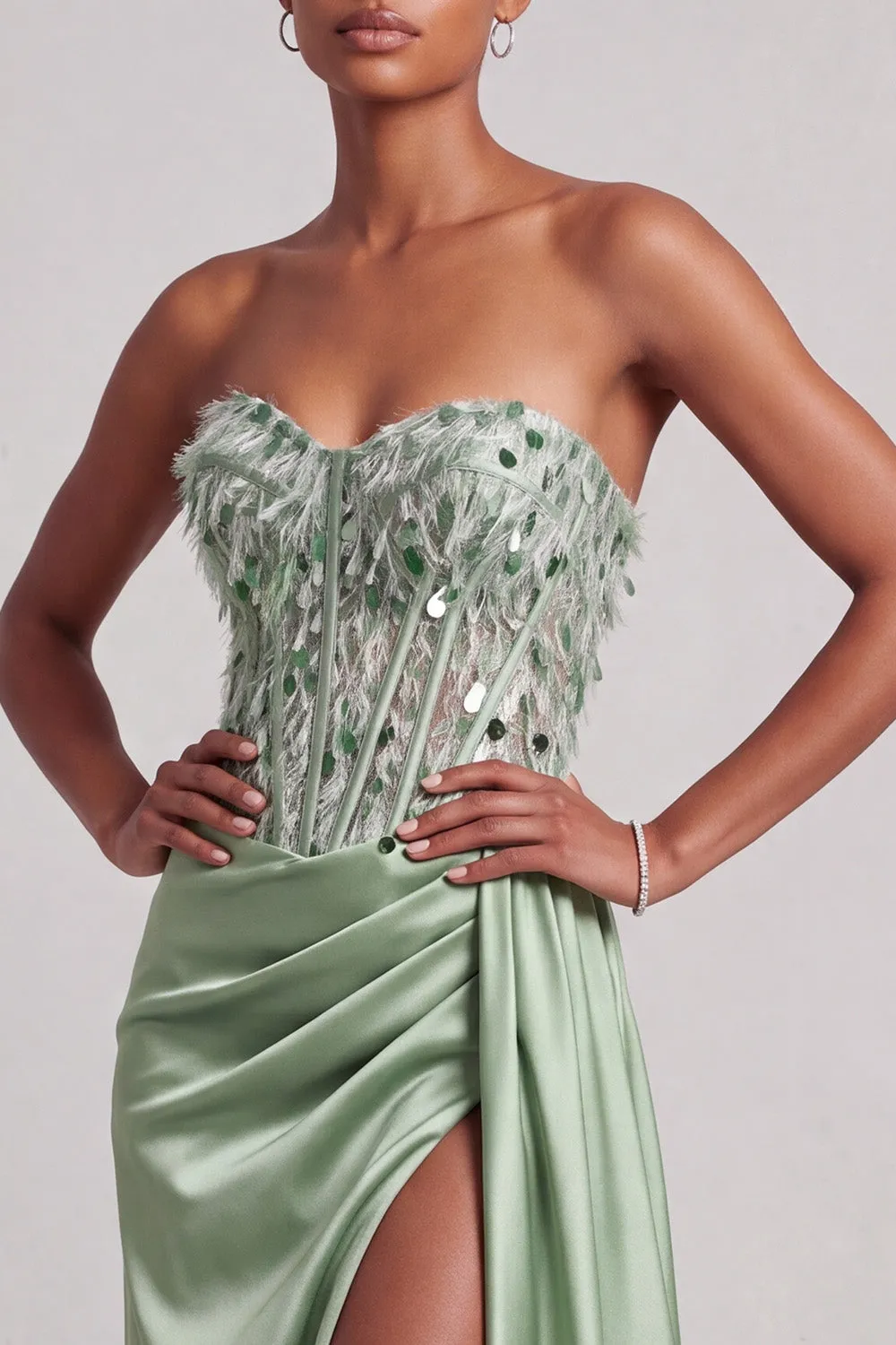 Green Corset Strapless Satin Feather Sequins Mermaid Long Prom Dress with Side Slit sold by Zapaka product image thumbnail 3