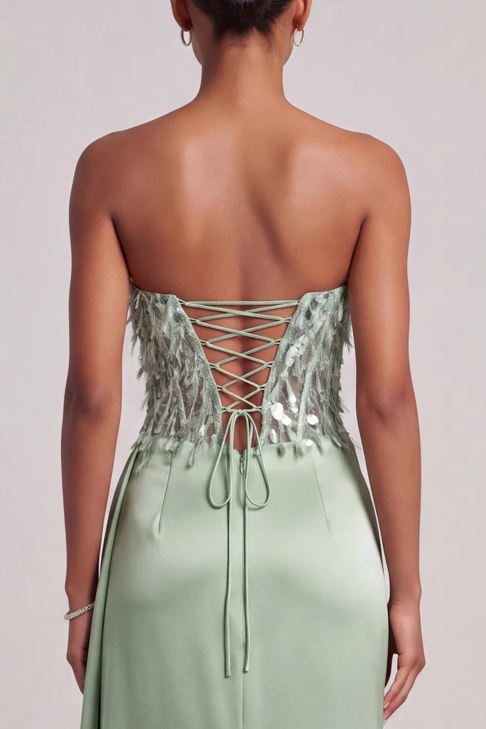 Green Corset Strapless Satin Feather Sequins Mermaid Long Prom Dress with Side Slit sold by Zapaka product image thumbnail 4