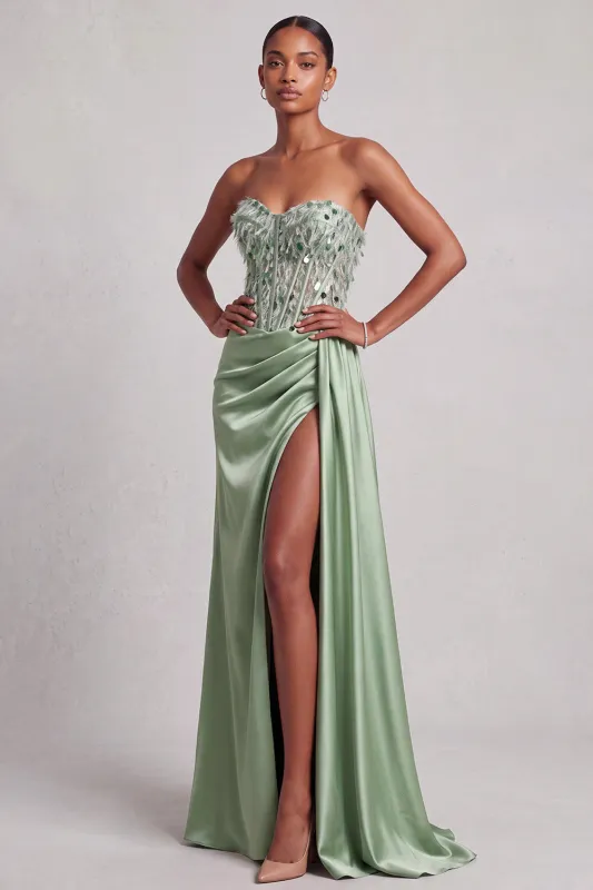 Green Corset Strapless Satin Feather Sequins Mermaid Long Prom Dress with Side Slit made by Zapaka