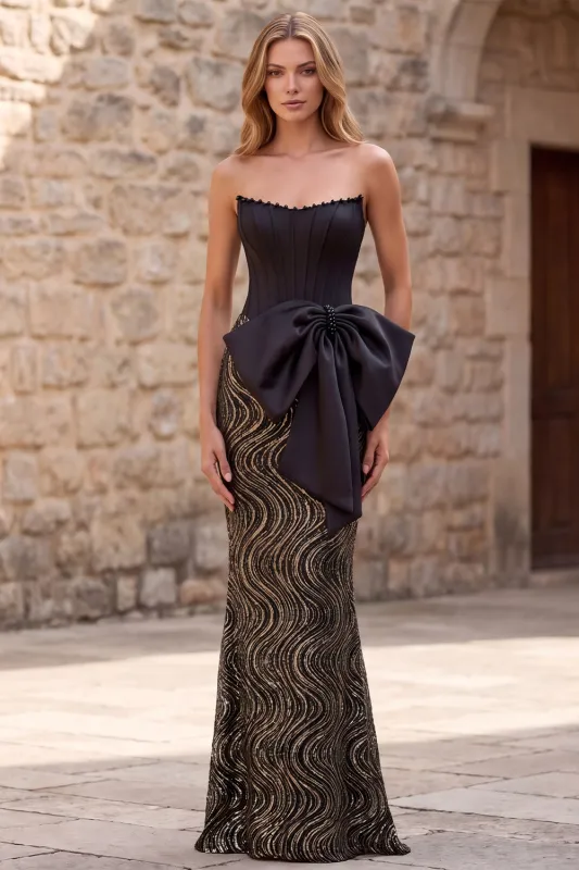 Black Strapless Mermaid Corset Sequins Long Prom Dress with Oversized Satin Bow made by Zapaka