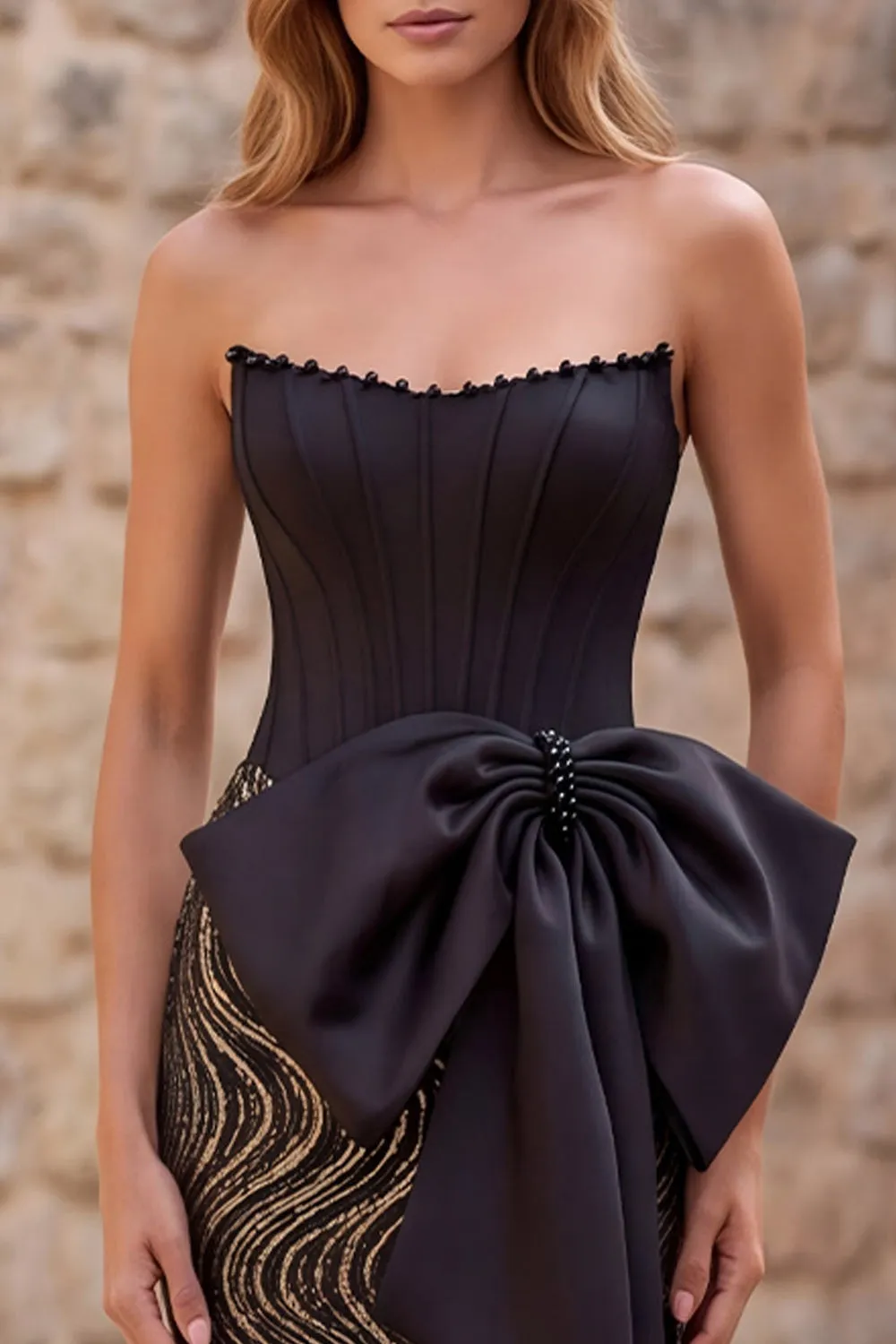 Black Strapless Mermaid Corset Sequins Long Prom Dress with Oversized Satin Bow sold by Zapaka product image thumbnail 3