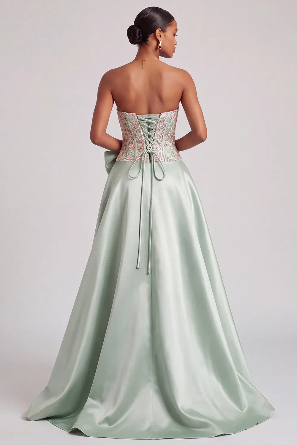 Green Corset A-Line Strapless Satin Appliques Prom Dress with Bow and Slit sold by Zapaka product image thumbnail 2