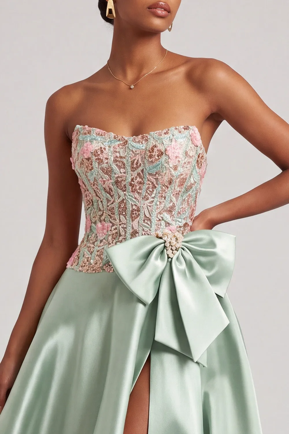 Green Corset A-Line Strapless Satin Appliques Prom Dress with Bow and Slit sold by Zapaka product image thumbnail 3