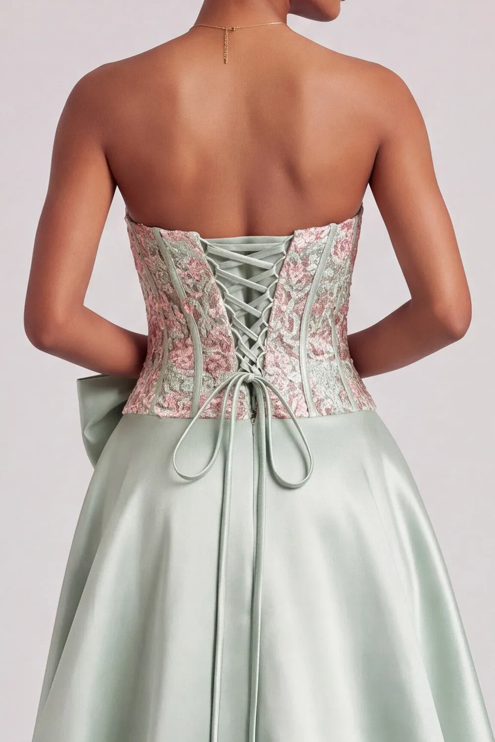 Green Corset A-Line Strapless Satin Appliques Prom Dress with Bow and Slit sold by Zapaka product image thumbnail 4