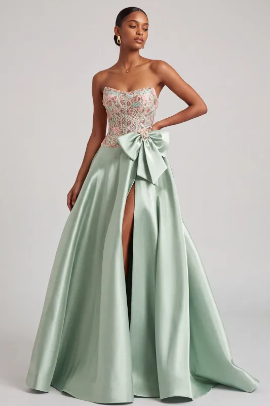 Green Corset A-Line Strapless Satin Appliques Prom Dress with Bow and Slit made by Zapaka