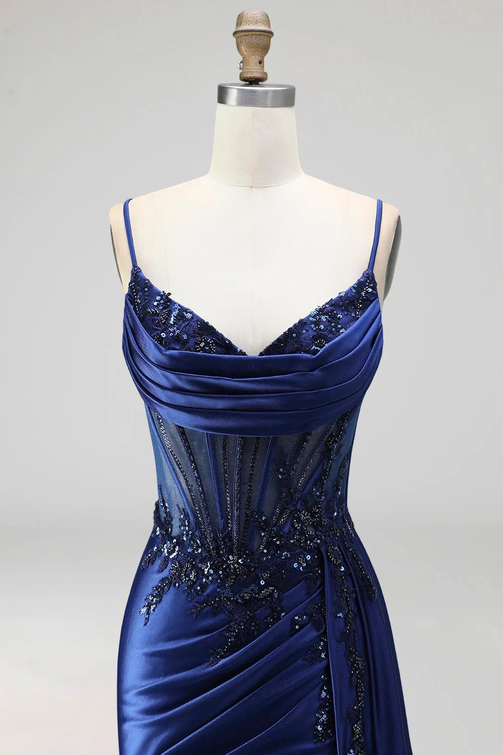Royal Blue Mermaid Cowl Neck Sheer Corset Satin Ruched Sequins Prom Dress with Slit sold by Zapaka product image thumbnail 3