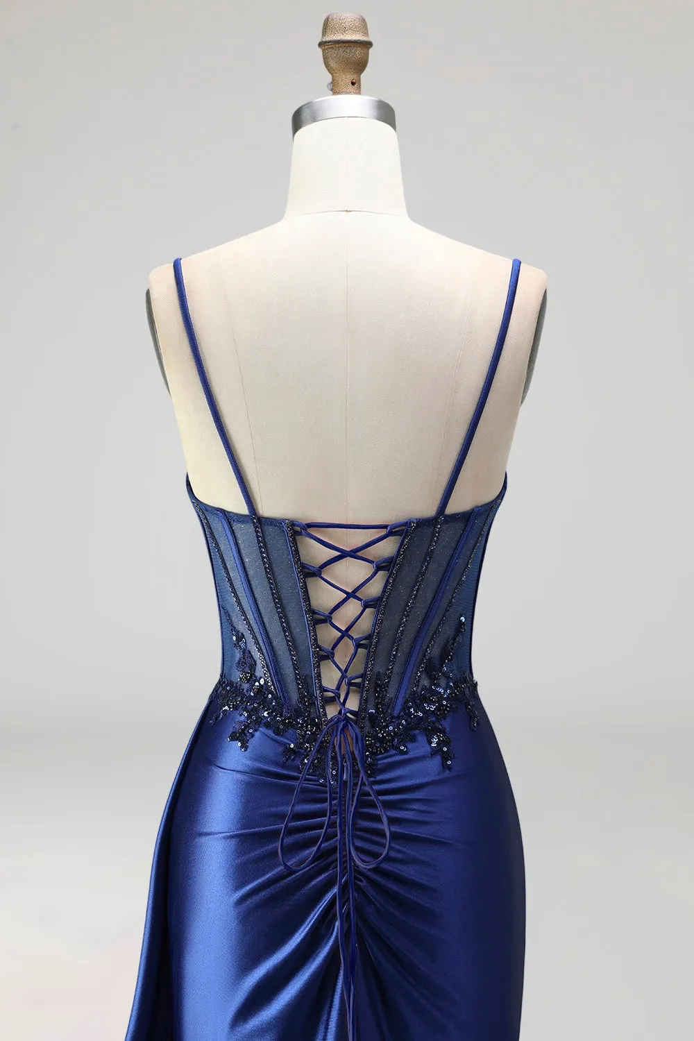 Royal Blue Mermaid Cowl Neck Sheer Corset Satin Ruched Sequins Prom Dress with Slit sold by Zapaka product image thumbnail 4