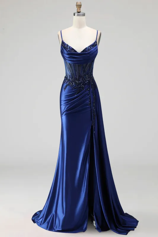 Royal Blue Mermaid Cowl Neck Sheer Corset Satin Ruched Sequins Prom Dress with Slit made by Zapaka