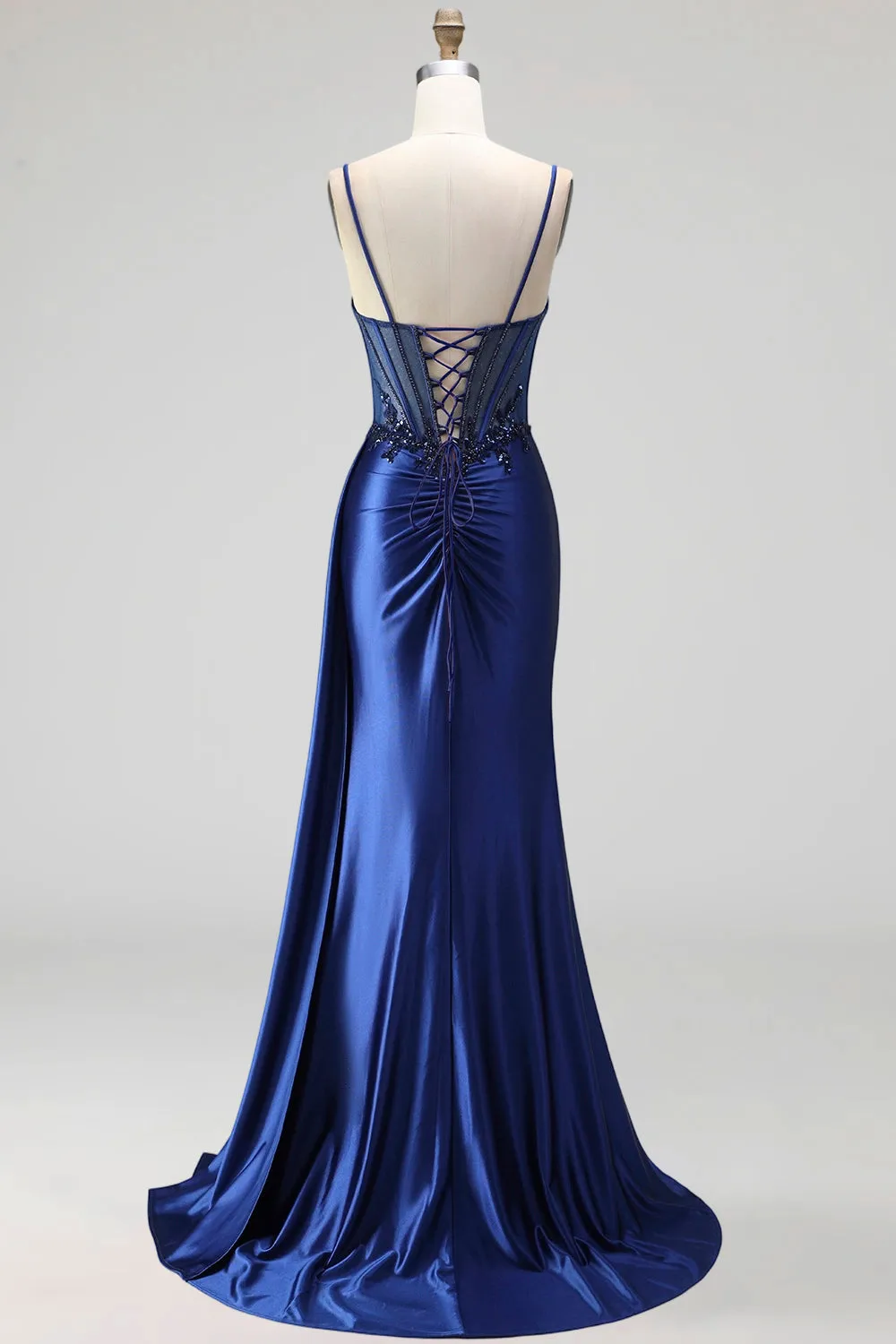 Royal Blue Mermaid Cowl Neck Sheer Corset Satin Ruched Sequins Prom Dress with Slit sold by Zapaka product image thumbnail 2