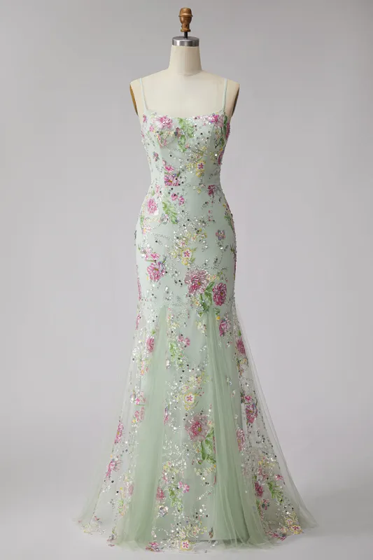 Light Corset Mermaid Floral Sequins Long Prom Dress with Lace Up Back made by Zapaka