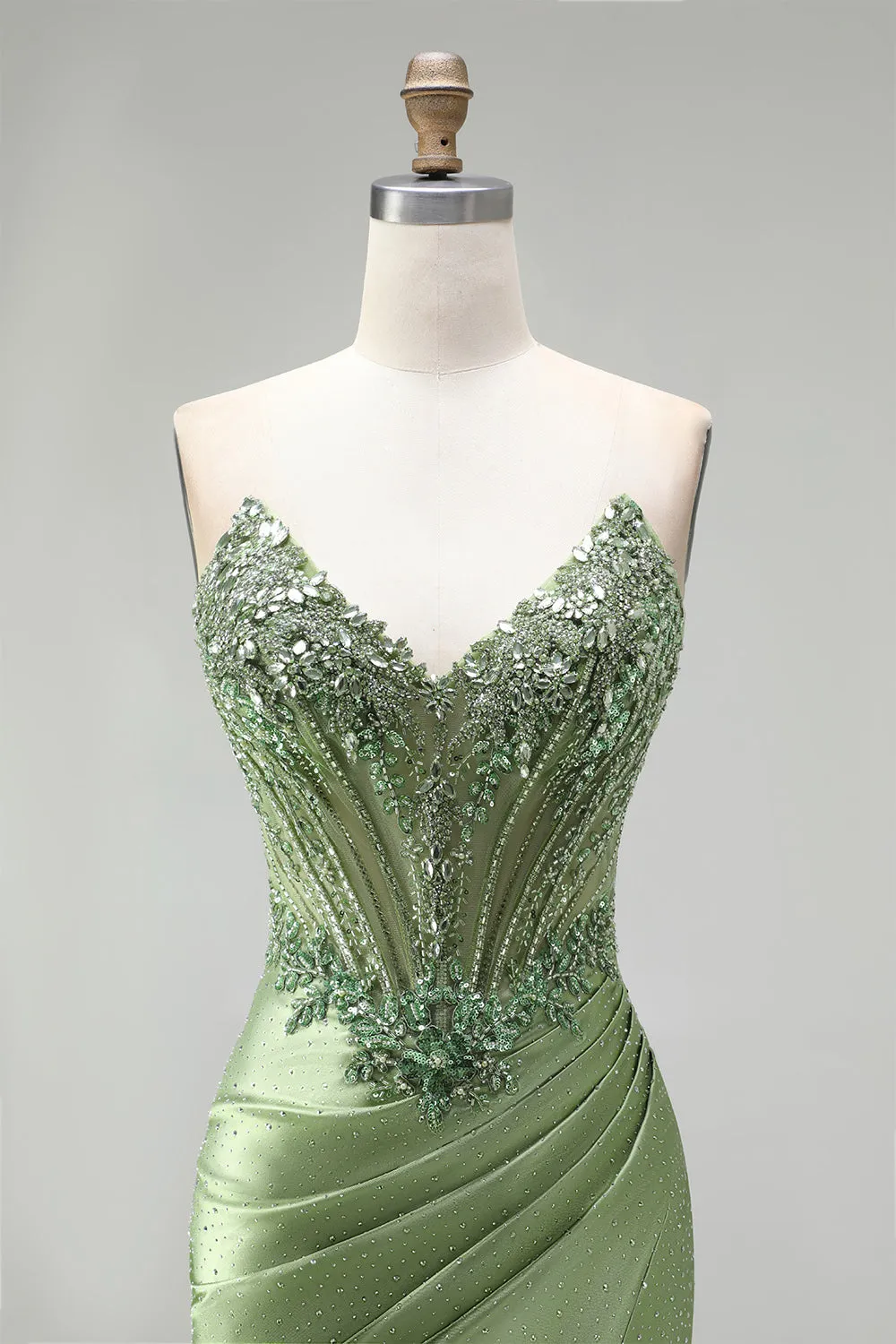 Green Corset Mermaid V-Neck Rhinestone Sheer Satin Ruched Beaded Long Prom Dress with Slit sold by Zapaka product image thumbnail 5