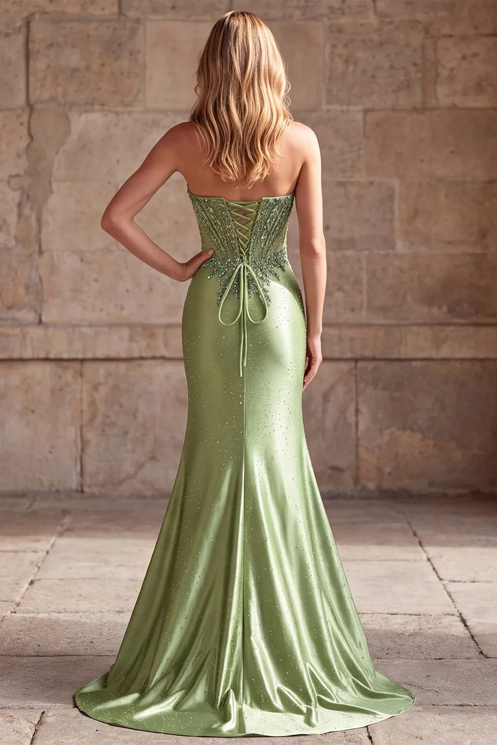 Green Corset Mermaid V-Neck Rhinestone Sheer Satin Ruched Beaded Long Prom Dress with Slit sold by Zapaka product image thumbnail 4