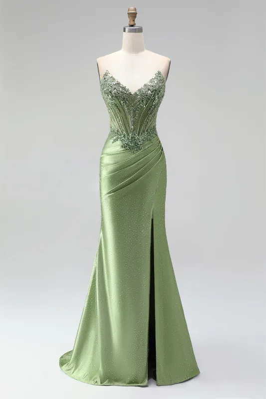 Green Corset Mermaid V-Neck Rhinestone Sheer Satin Ruched Beaded Long Prom Dress with Slit made by Zapaka
