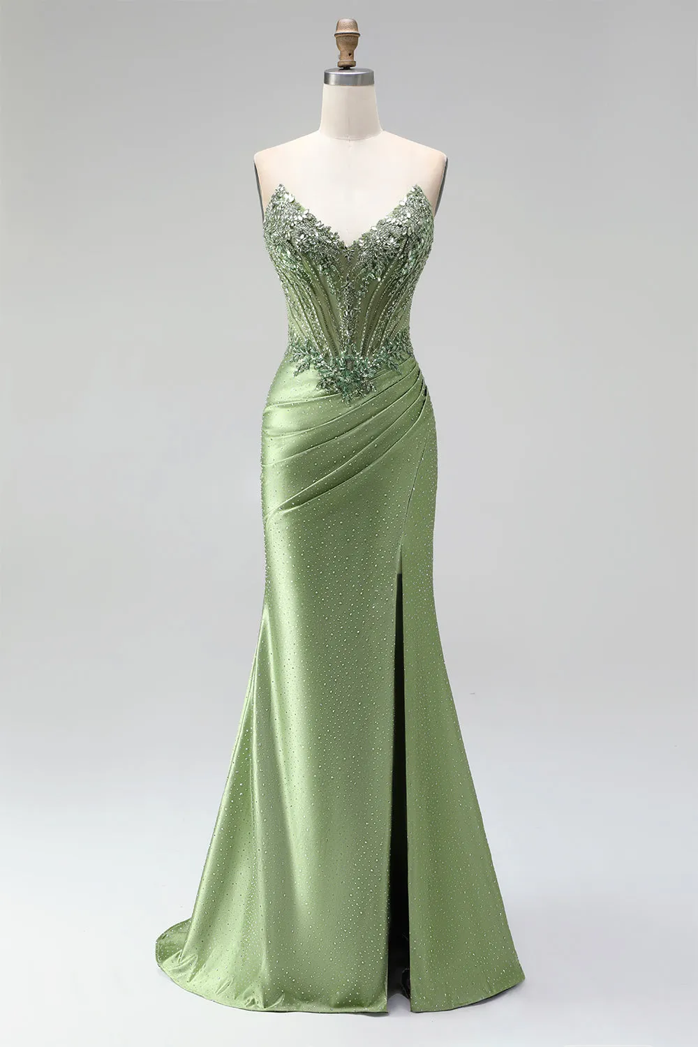 Green Corset Mermaid V-Neck Rhinestone Sheer Satin Ruched Beaded Long Prom Dress with Slit sold by Zapaka