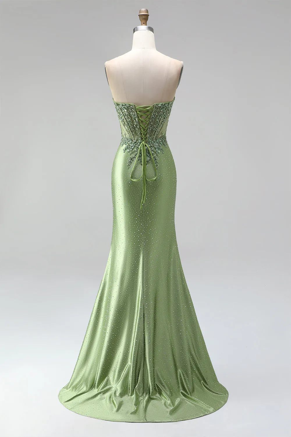 Green Corset Mermaid V-Neck Rhinestone Sheer Satin Ruched Beaded Long Prom Dress with Slit sold by Zapaka product image thumbnail 2