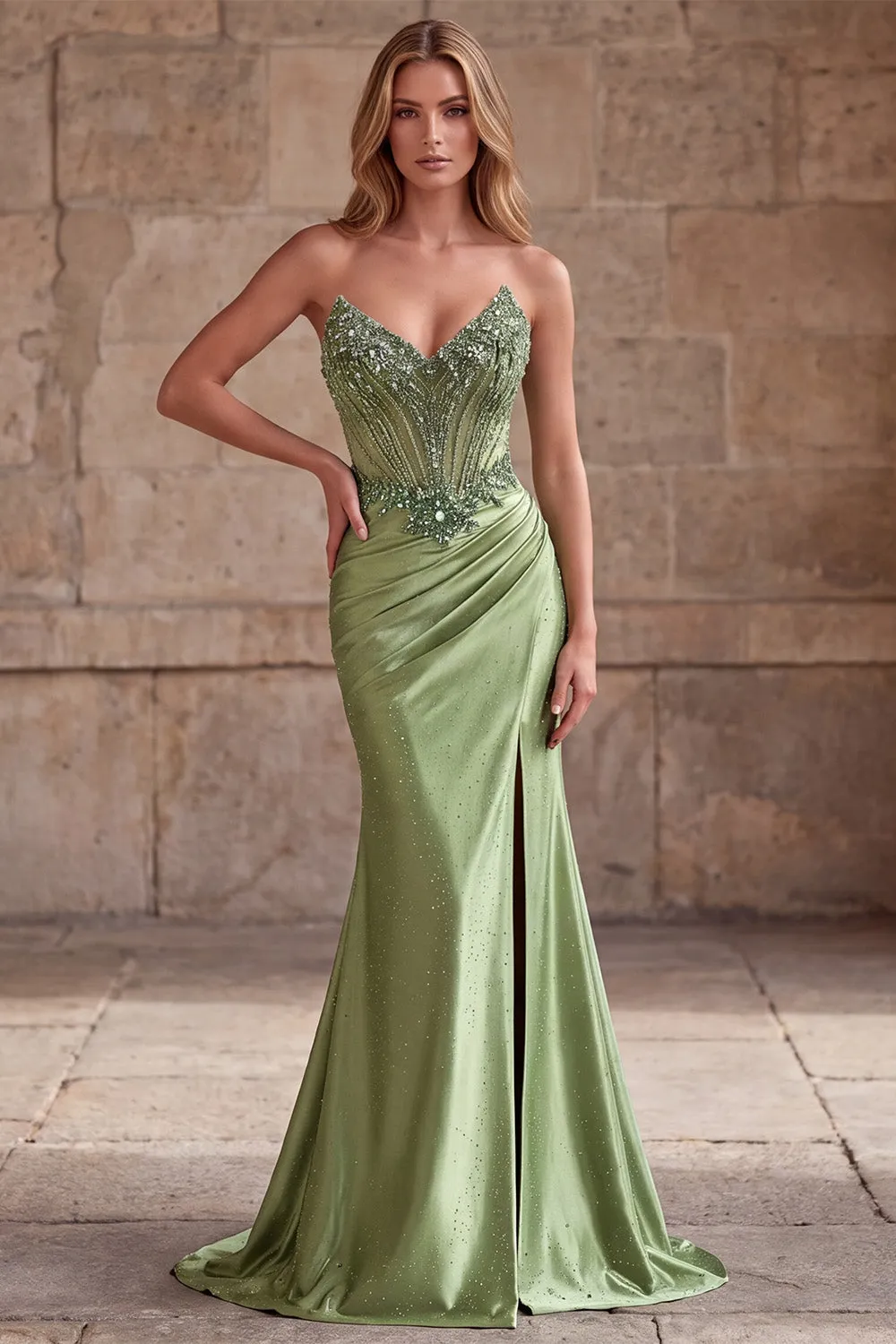 Green Corset Mermaid V-Neck Rhinestone Sheer Satin Ruched Beaded Long Prom Dress with Slit sold by Zapaka product image thumbnail 3