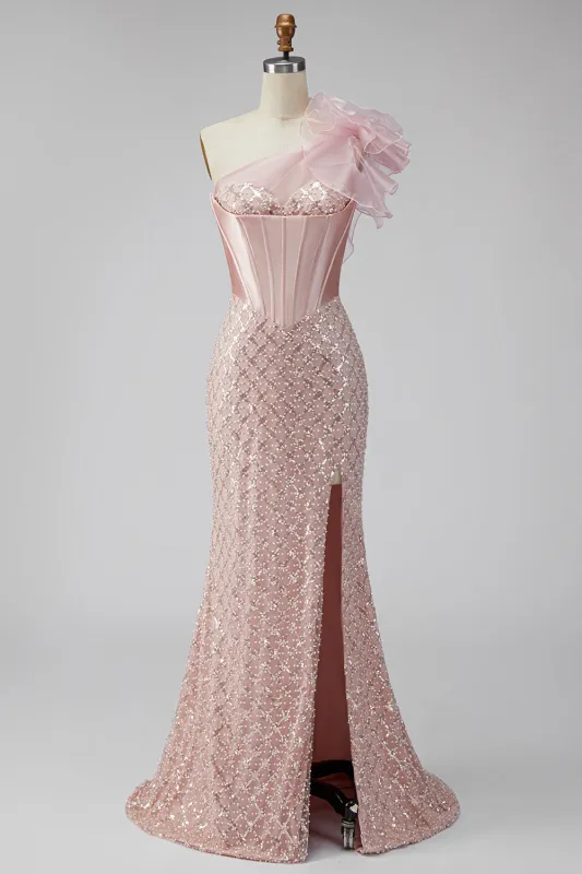 Pink Satin Mermaid Sequins Pearls One Shoulder Corset Long Prom Dress with Slit made by Zapaka