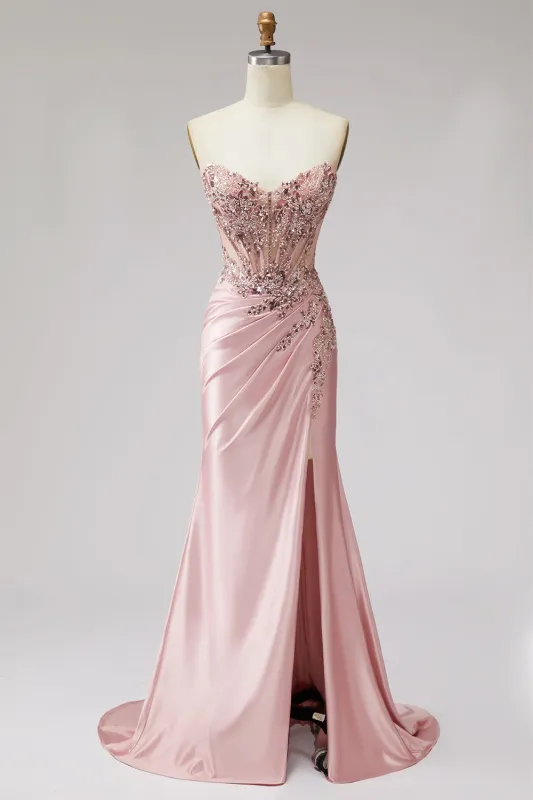 Pink Corset Sheer Mermaid Beaded Sequins Pearls Ruched Satin Long Prom Dress with Slit made by Zapaka
